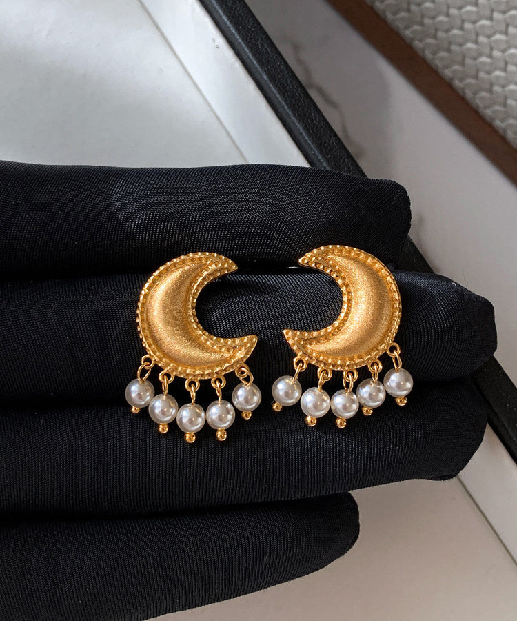 Boho Golden Moon Tasseled Pearl Drop Earrings - Omychic