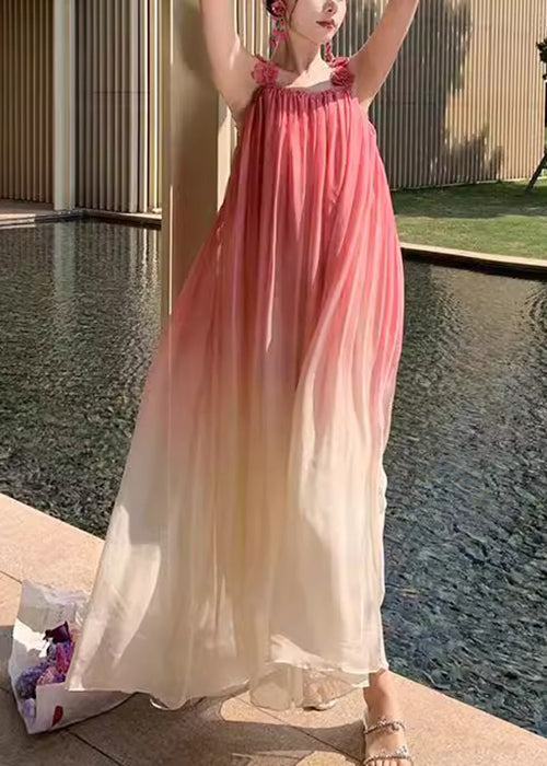 Boho Gradient Color Backless Wrinkled Spaghetti Strap Dress Sleeveless