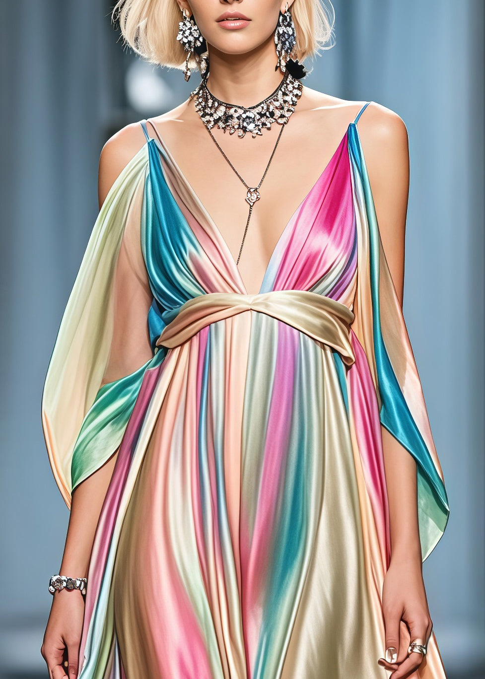 Boho Gradient Color Cold Shoulder Exra Large Hem Silk Party Dress Summer