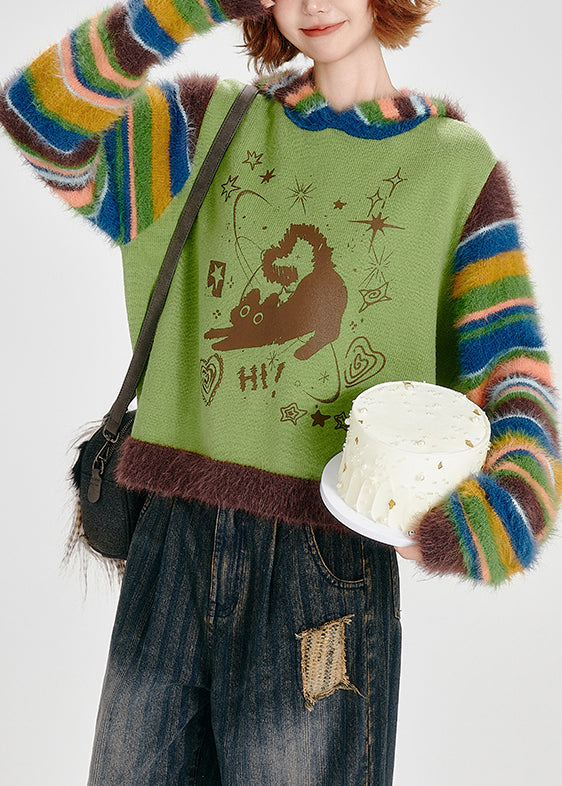 Boho Grass Green Hooded Patchwork Striped Knit Sweatshirt Winter