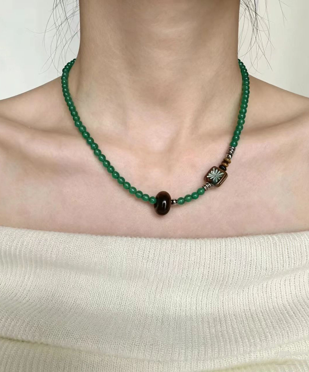 Boho Green Agate Tiger-Eye Czech Glass Beading Pendant Necklace