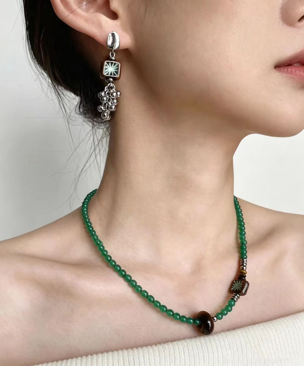 Boho Green Agate Tiger-Eye Czech Glass Beading Pendant Necklace