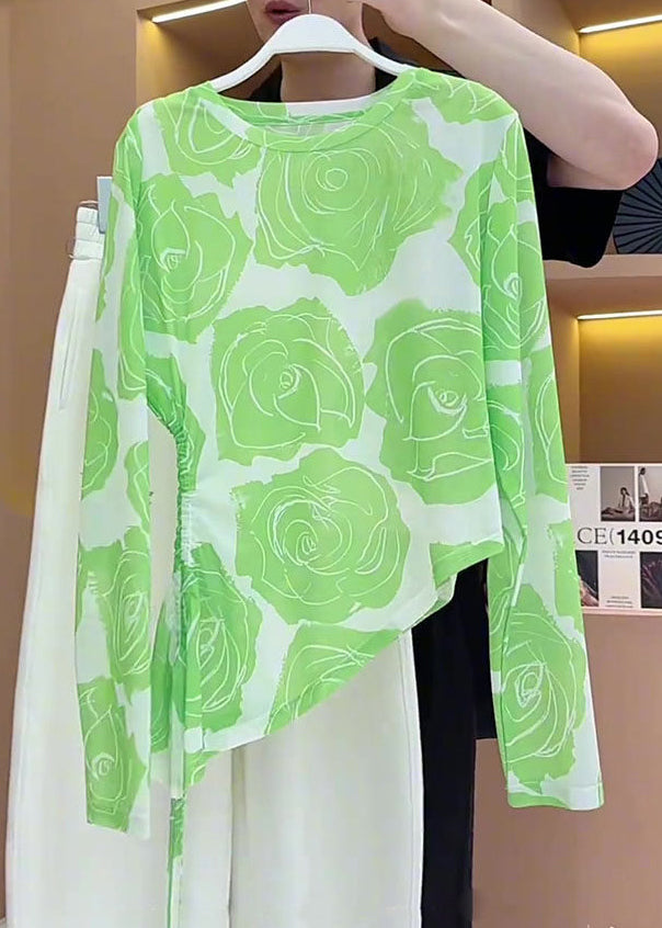 Boho Green Asymmetrical Drawstring Print Cotton Shirt Summer