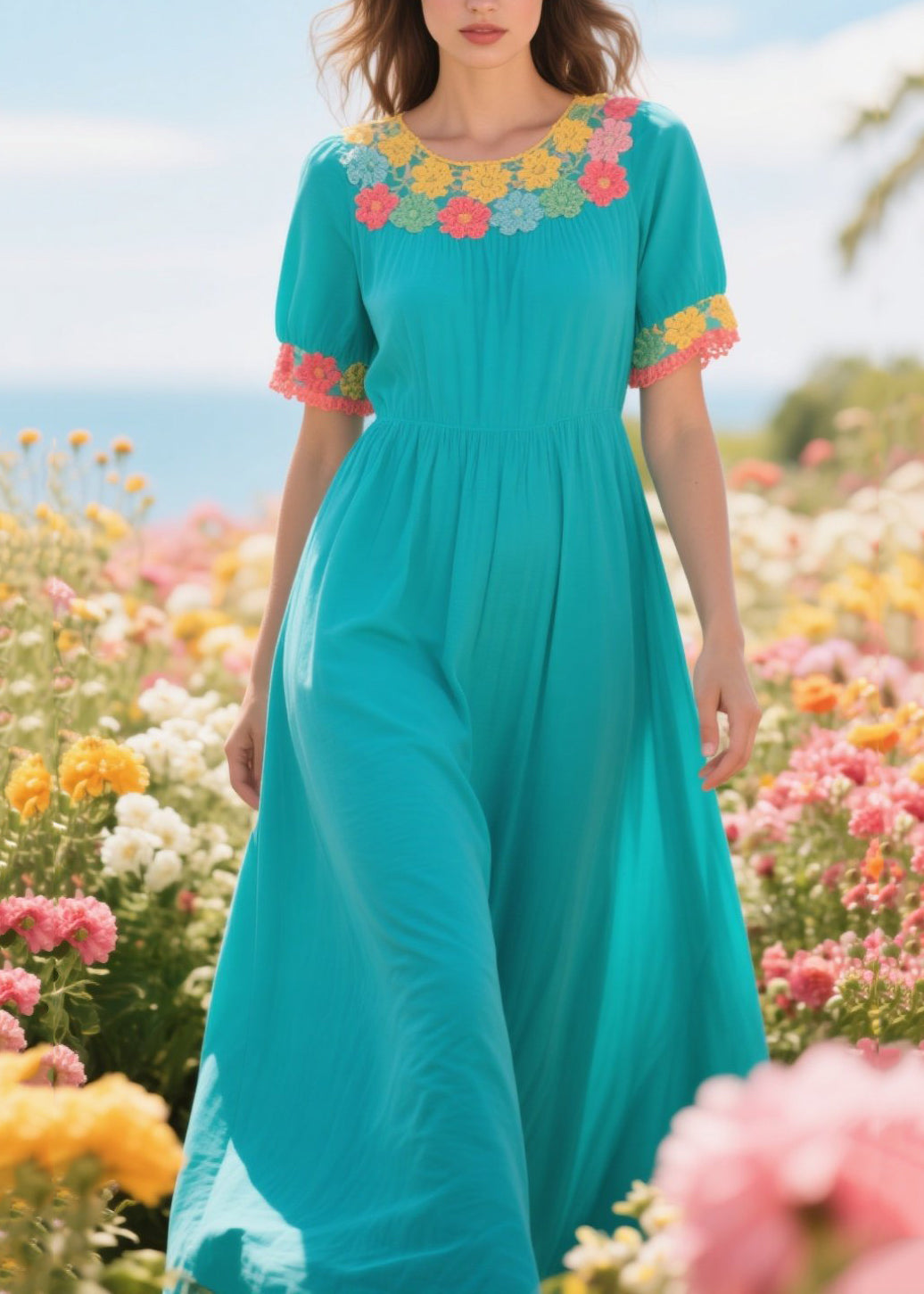 Boho Green Exra Large Hem Patchwork Lace Dresses Summer