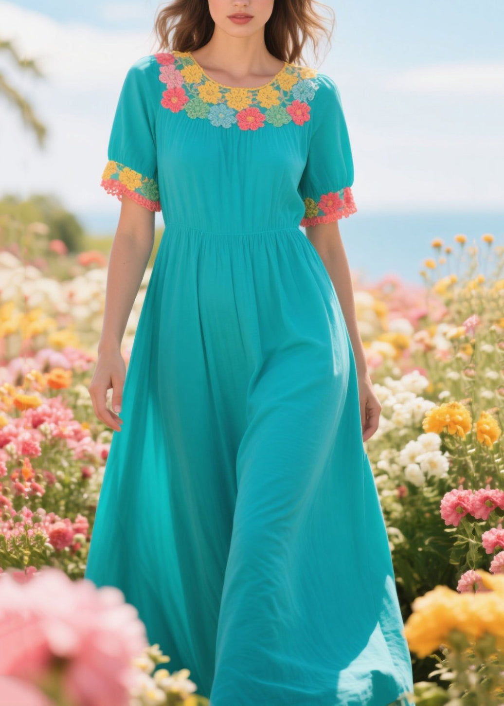 Boho Green Exra Large Hem Patchwork Lace Dresses Summer