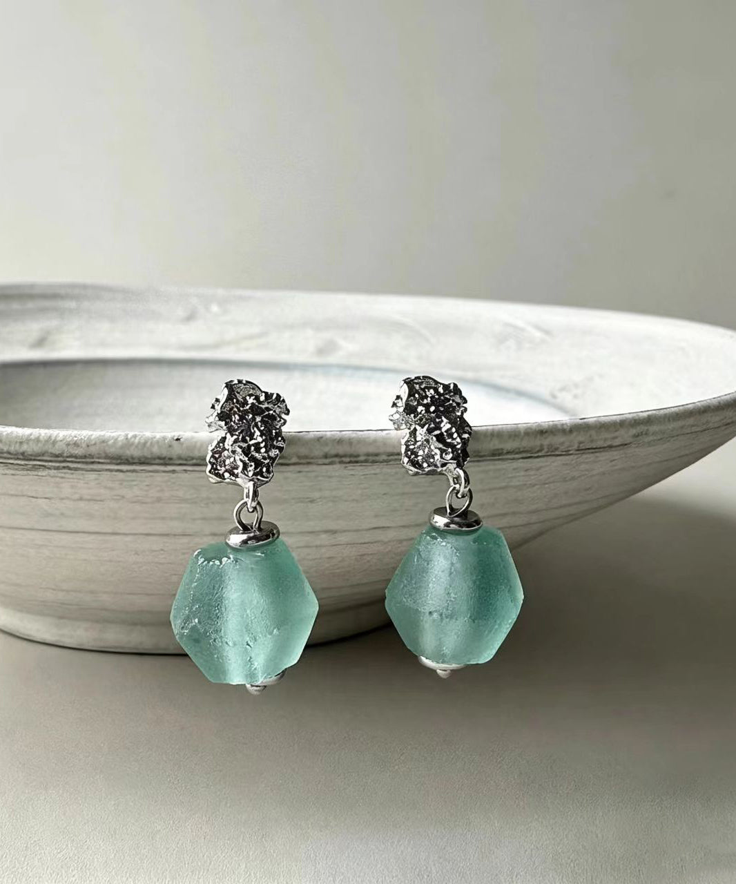 Boho Green Glass Silver Needle Drop Earrings