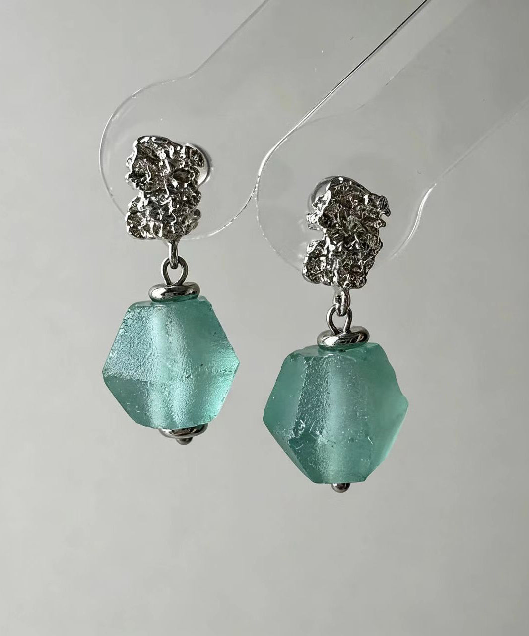 Boho Green Glass Silver Needle Drop Earrings