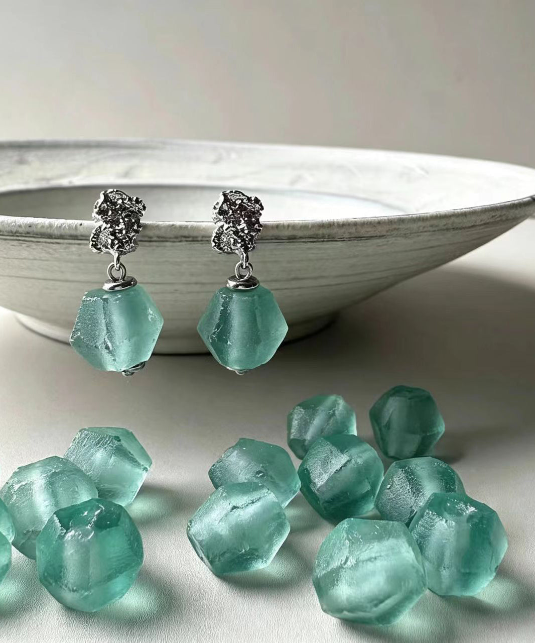 Boho Green Glass Silver Needle Drop Earrings