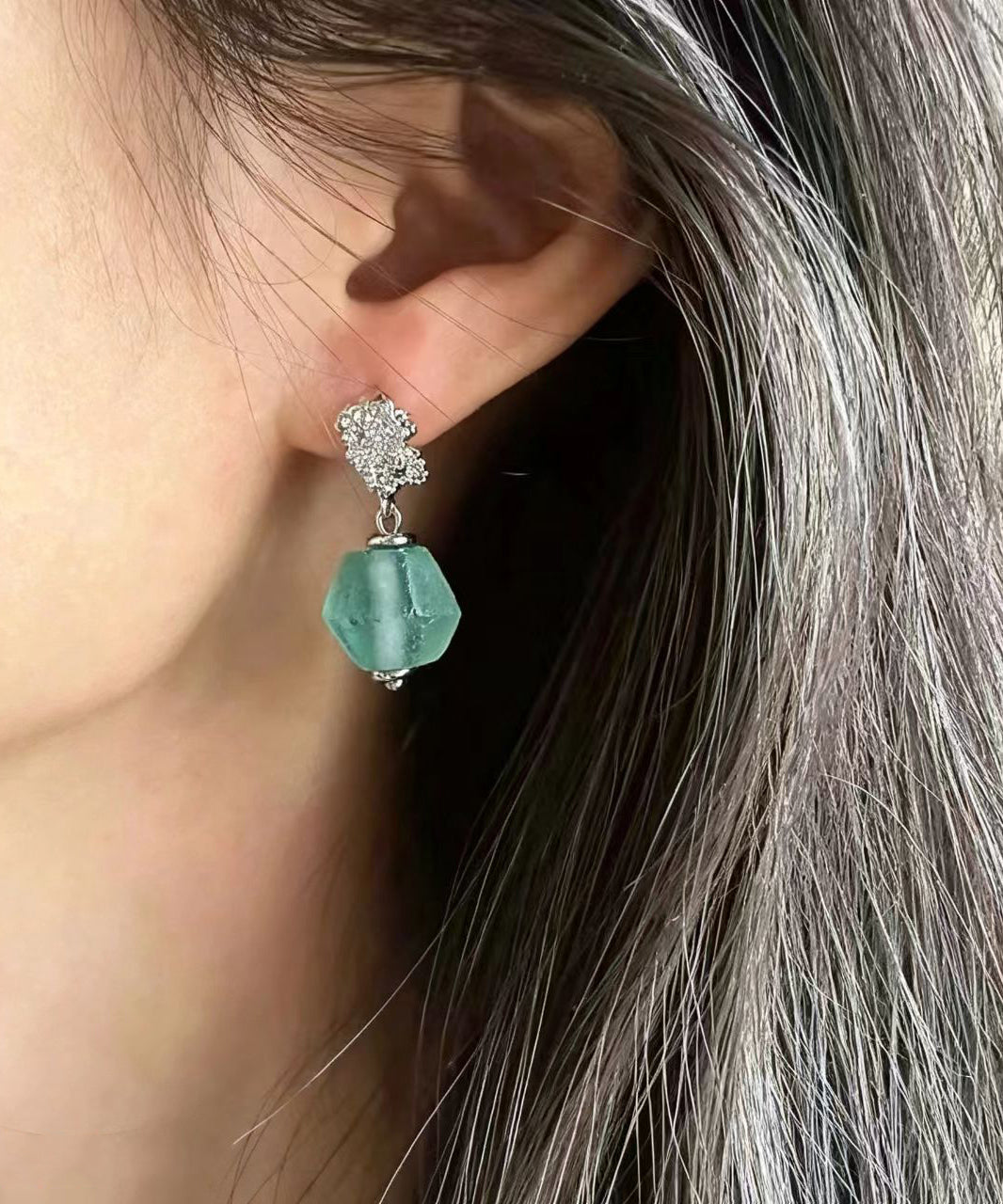 Boho Green Glass Silver Needle Drop Earrings