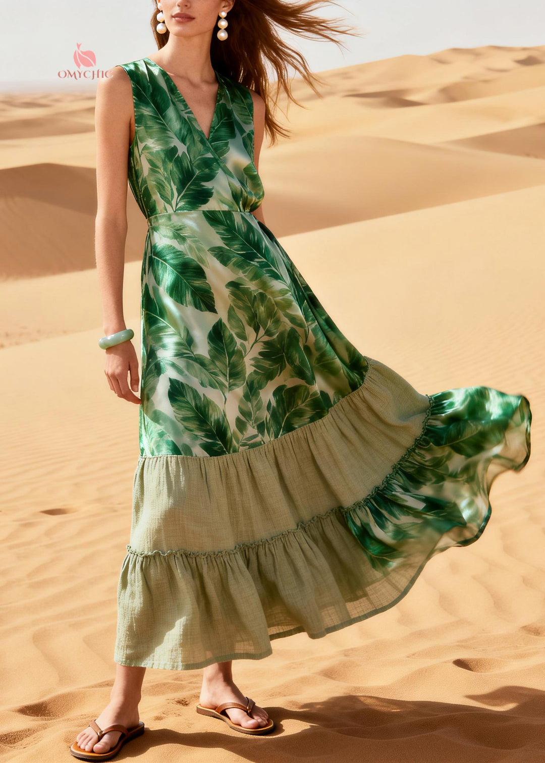 Boho Green Leaf Patchwork Silk Ankle Dress Summer
