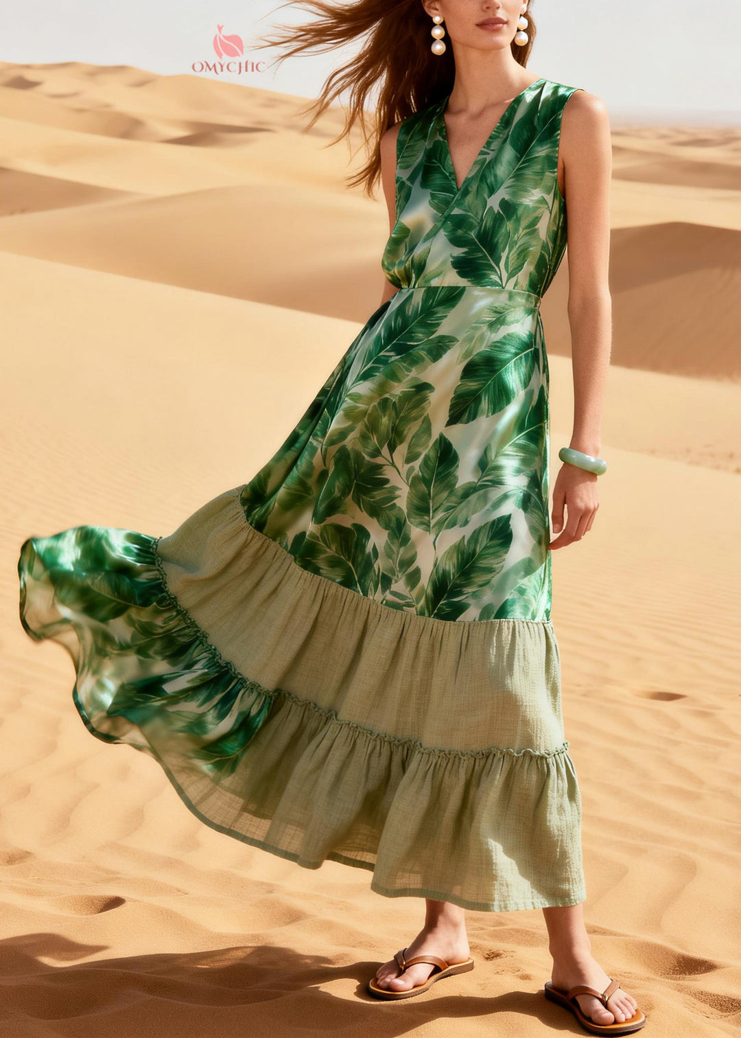 Boho Green Leaf Patchwork Silk Ankle Dress Summer