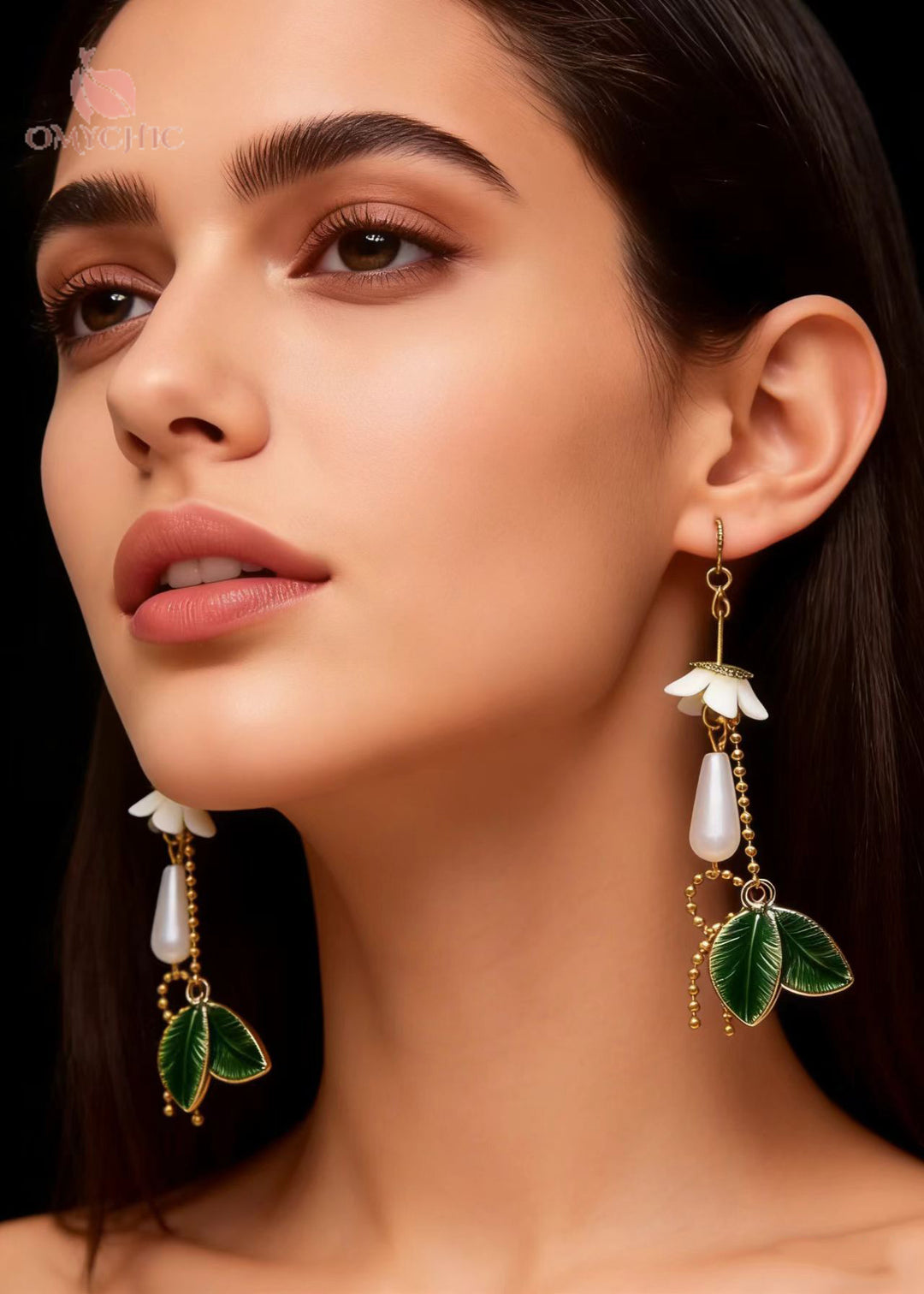 Boho Green Leaf Water Droplet Pearl Drop Earrings