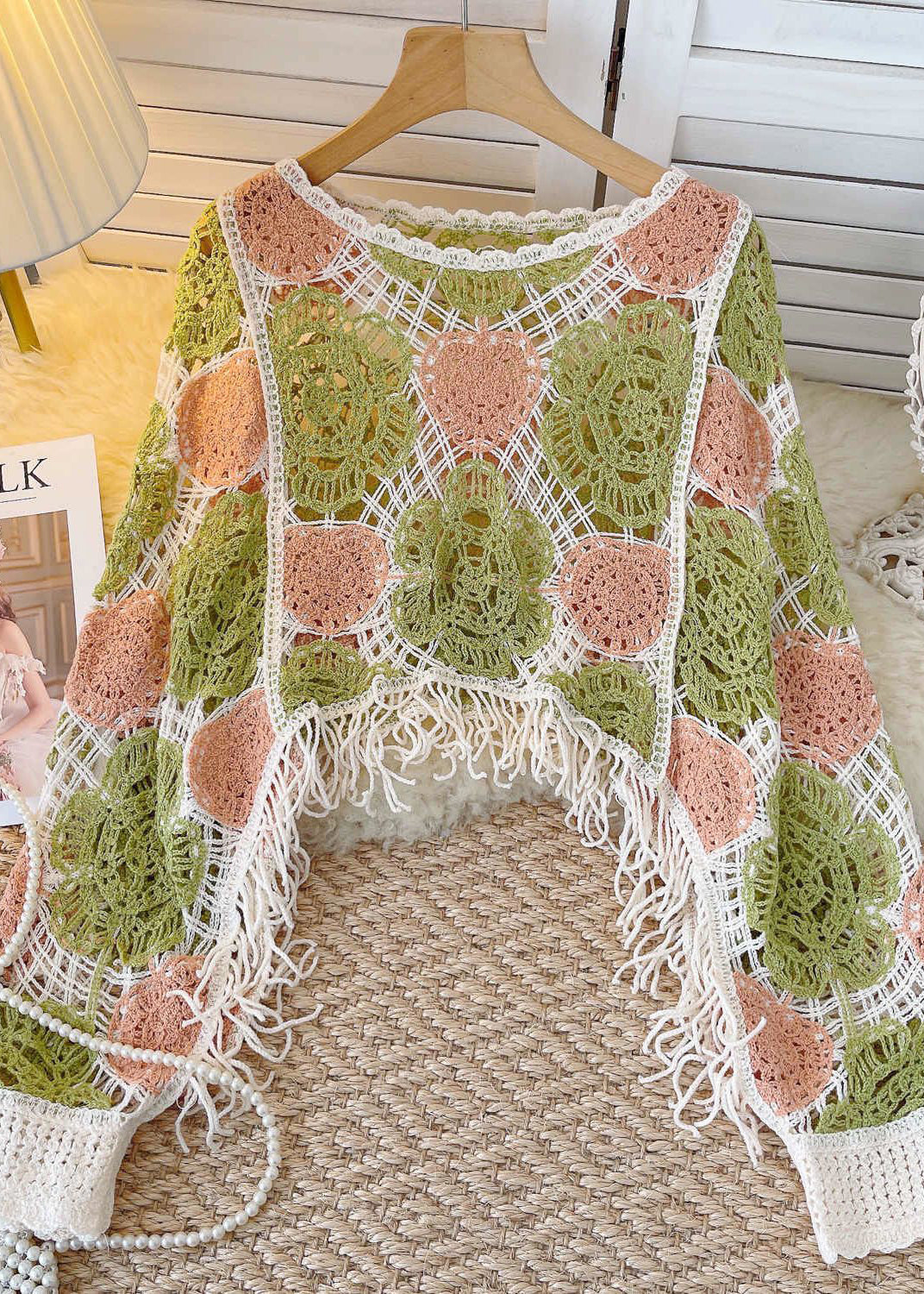 Boho Green O-Neck Tassel Hollow Out Patchwork Knit Shirt Fall