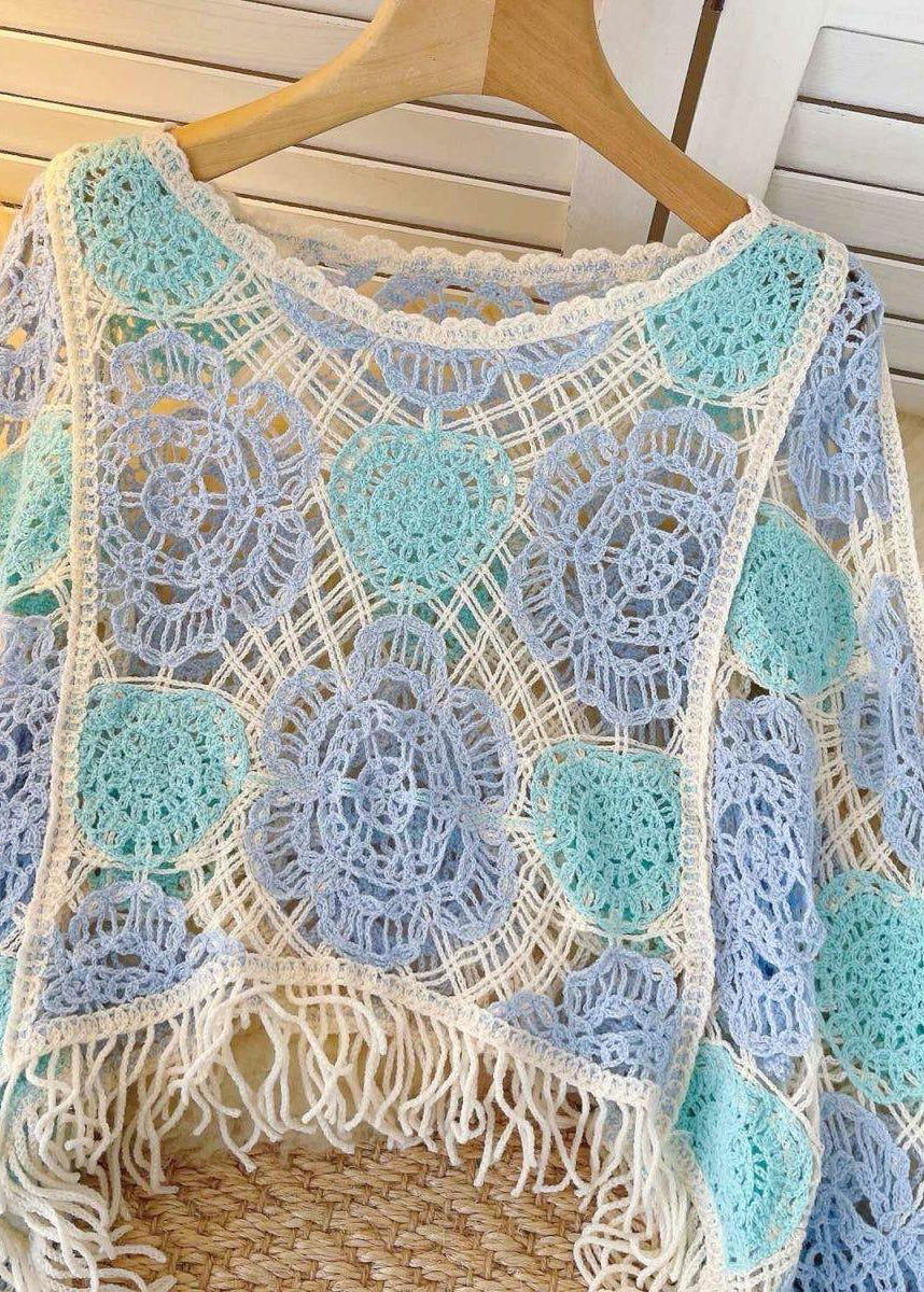 Boho Green O-Neck Tassel Hollow Out Patchwork Knit Shirt Fall