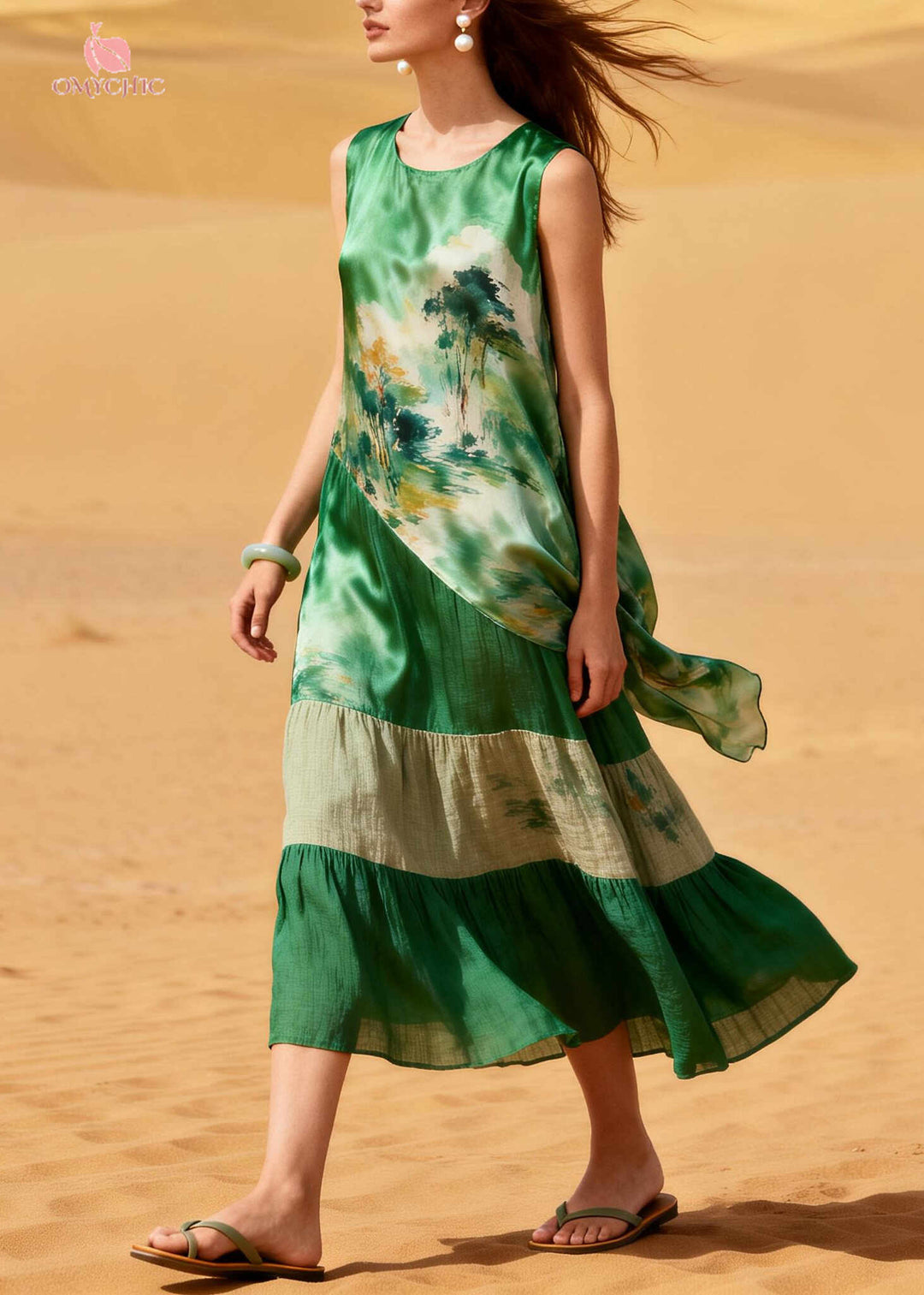 Boho Green Oversized Patchwork Silk Long Dress Summer
