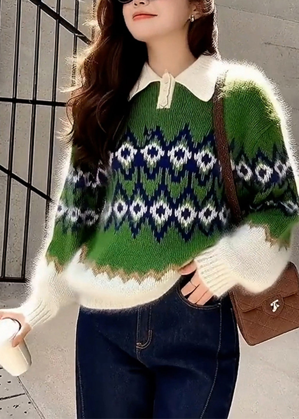Boho Green Oversized Print Thick Knitted Tops Winter