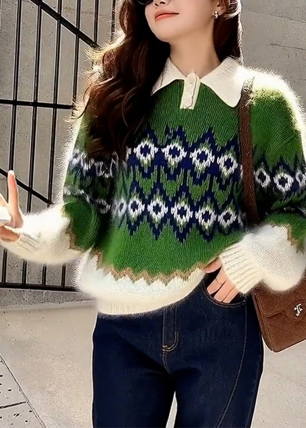 Boho Green Oversized Print Thick Knitted Tops Winter