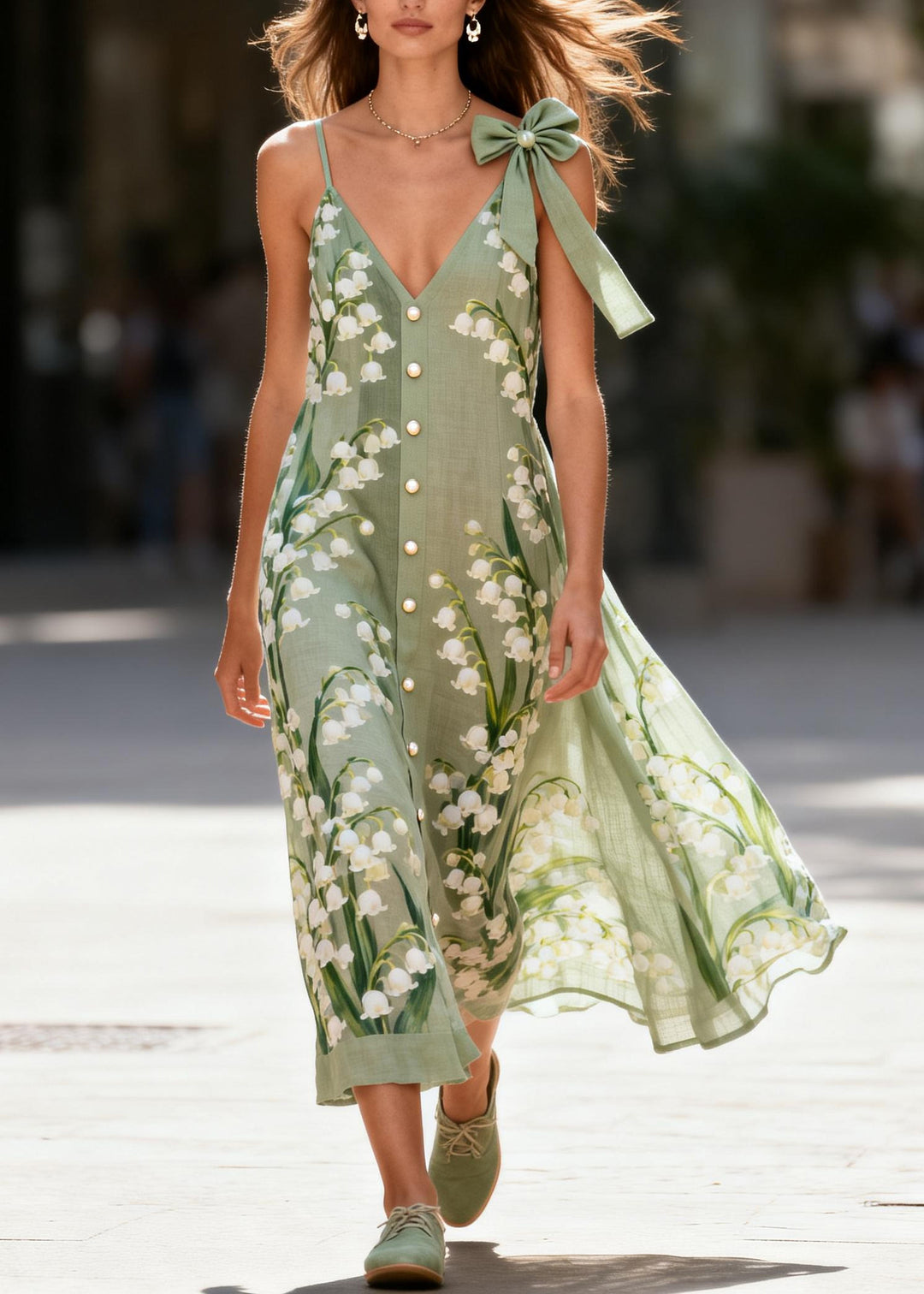 Boho Green Print Fine Pearl Cotton Sun Dress Summer