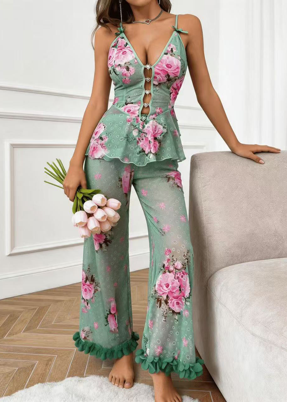 Boho Green Print Sheer Tulle Halter And Trousers Pajama Set