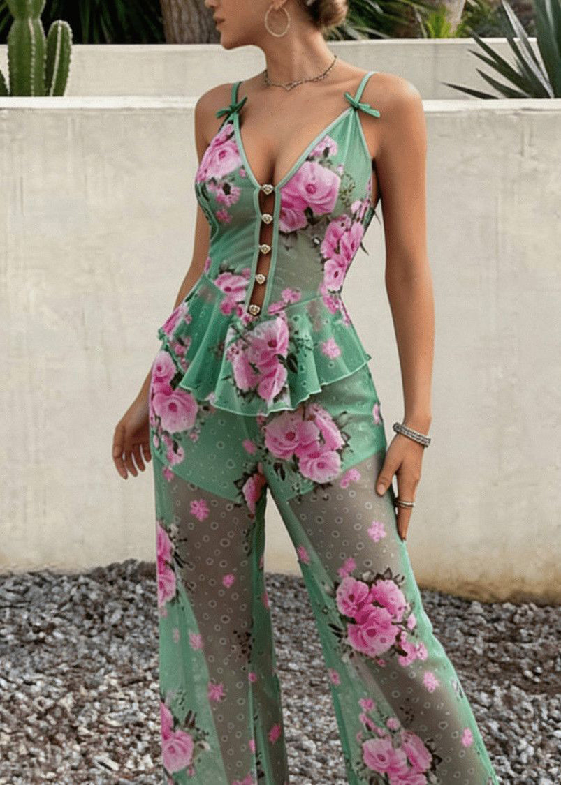 Boho Green Print Sheer Tulle Halter And Trousers Pajama Set