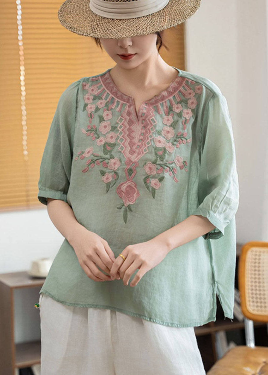 Boho Green Stand Collar Embroidered Linen Blouses Summer