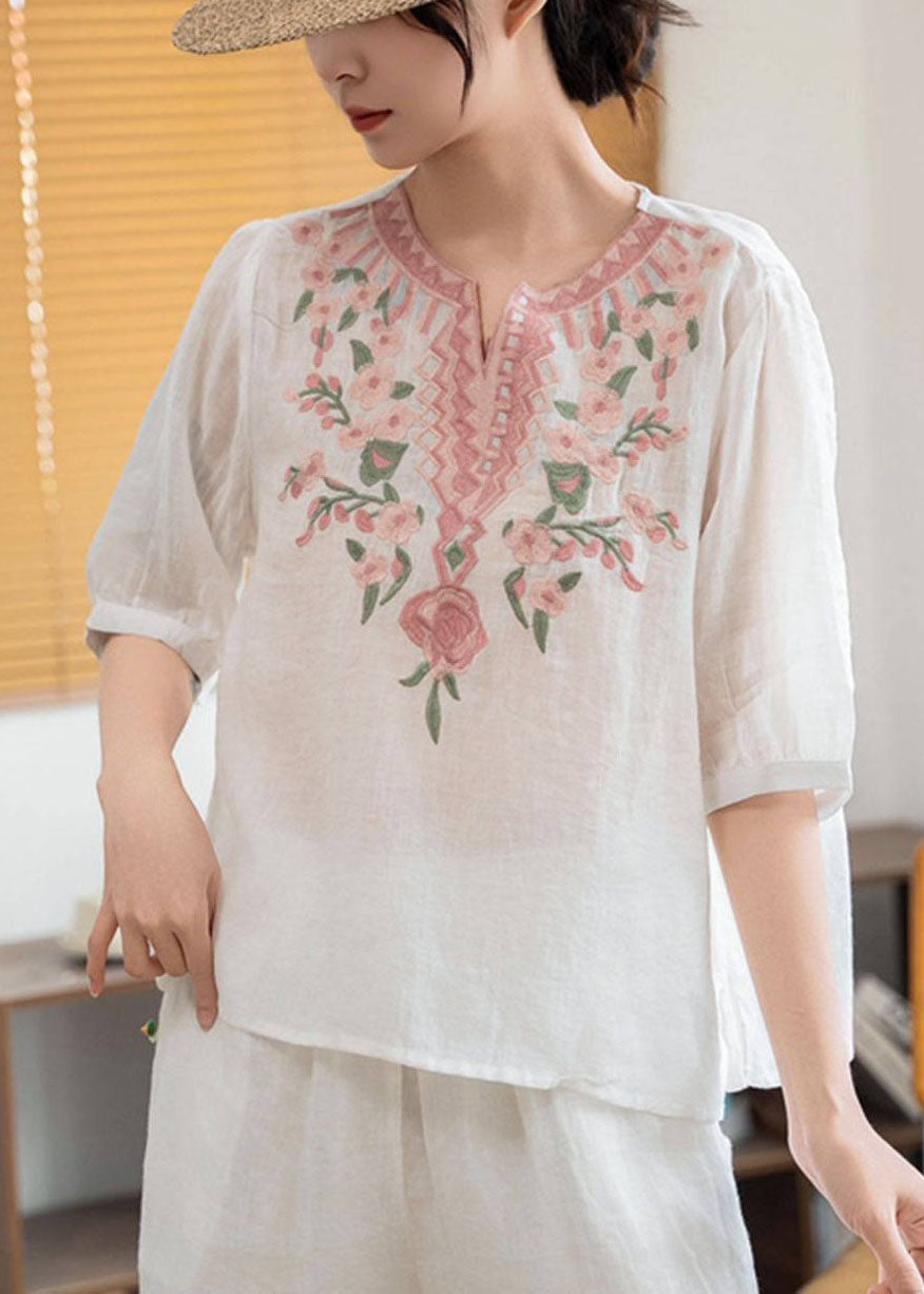 Boho Green Stand Collar Embroidered Linen Blouses Summer