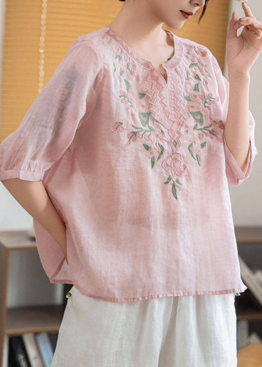 Boho Green Stand Collar Embroidered Linen Blouses Summer