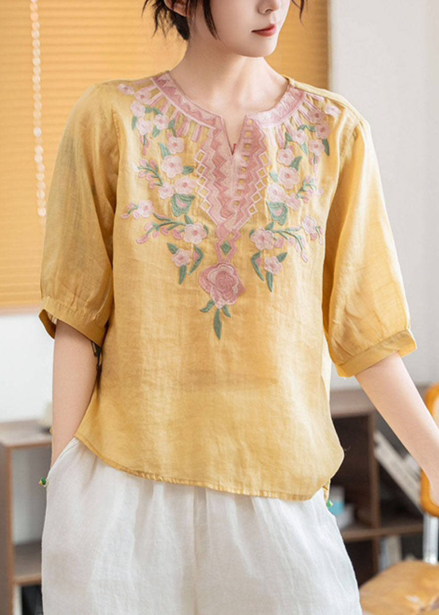 Boho Green Stand Collar Embroidered Linen Blouses Summer