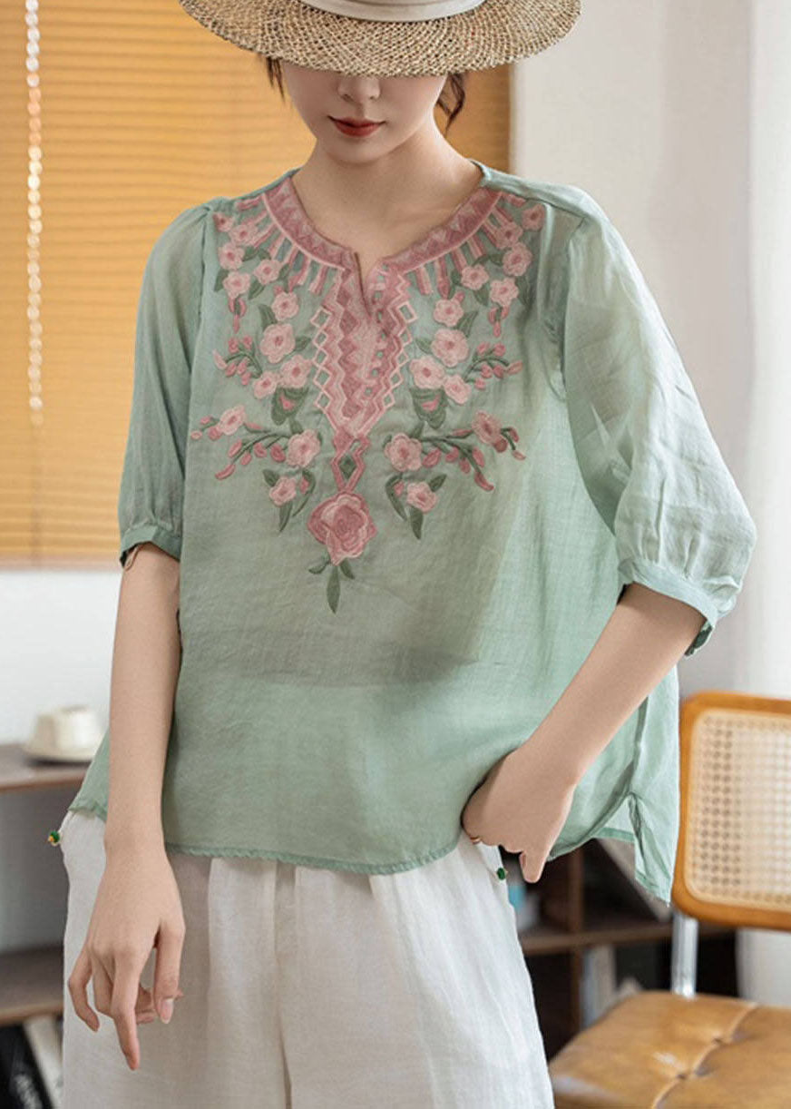 Boho Green Stand Collar Embroidered Linen Blouses Summer