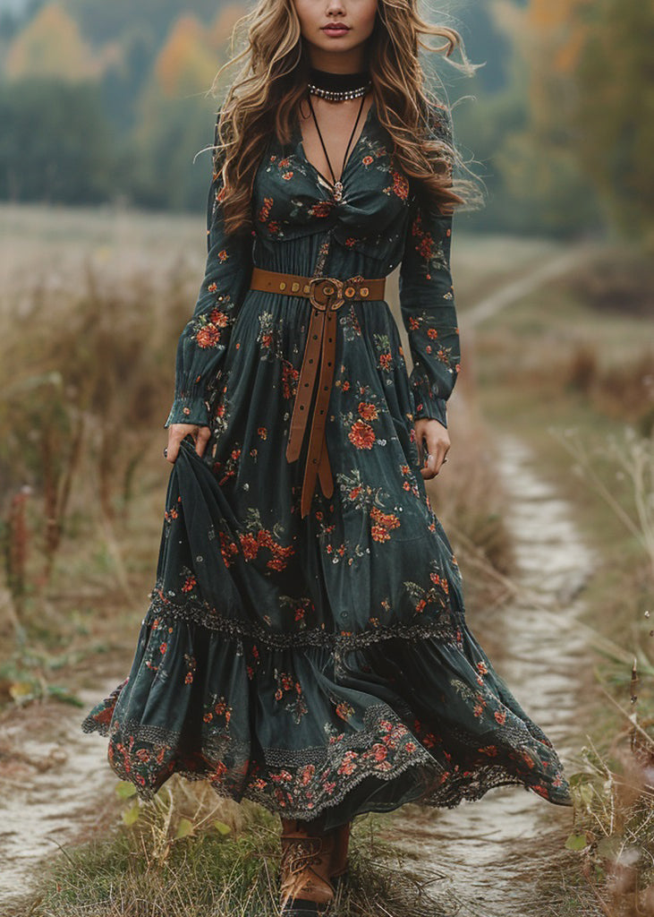Boho Green V Neck Print Patchwork Cotton Maxi Dresses Spring