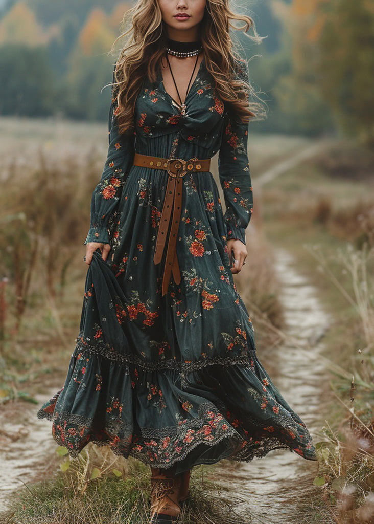 Boho Green V Neck Print Patchwork Cotton Maxi Dresses Spring