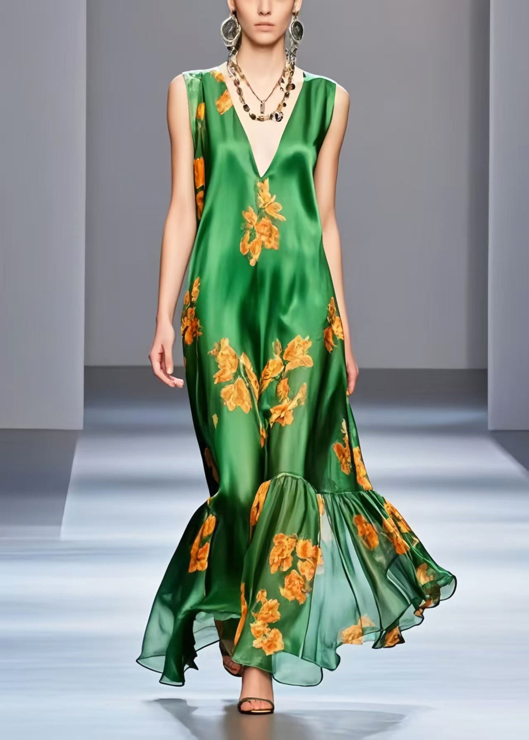 Boho Green V Neck Print Silk Long Dresses Sleeveless