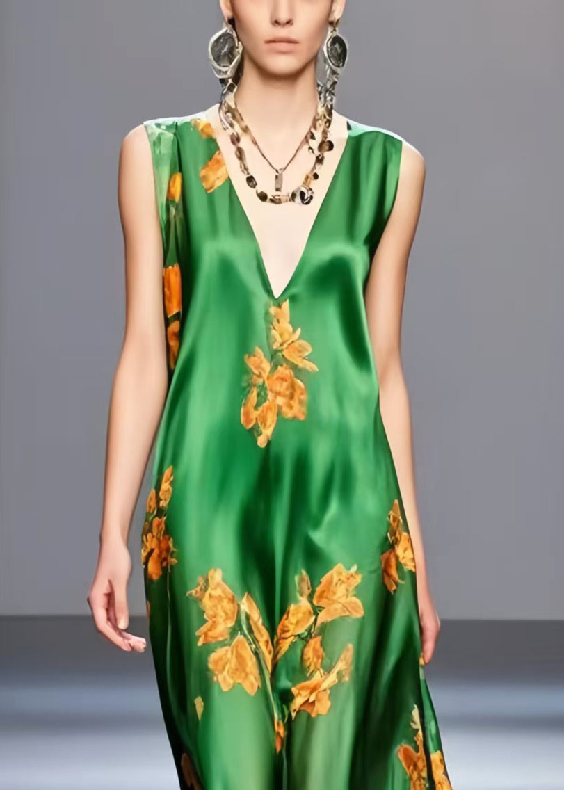 Boho Green V Neck Print Silk Long Dresses Sleeveless