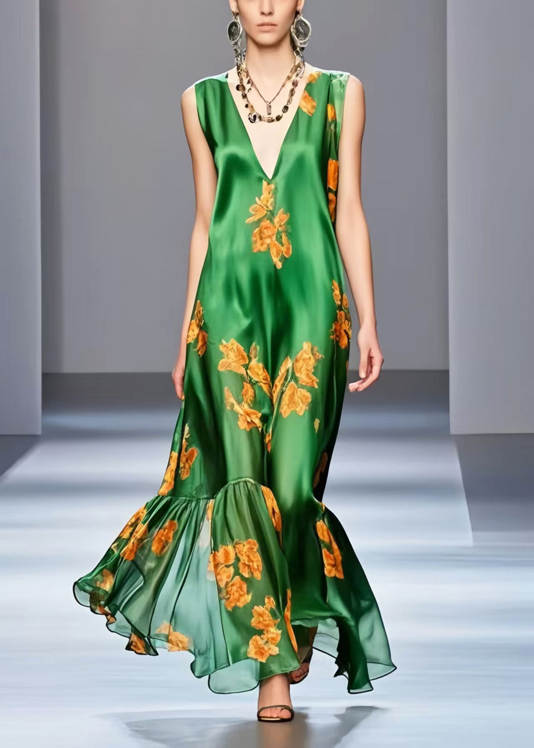 Boho Green V Neck Print Silk Long Dresses Sleeveless