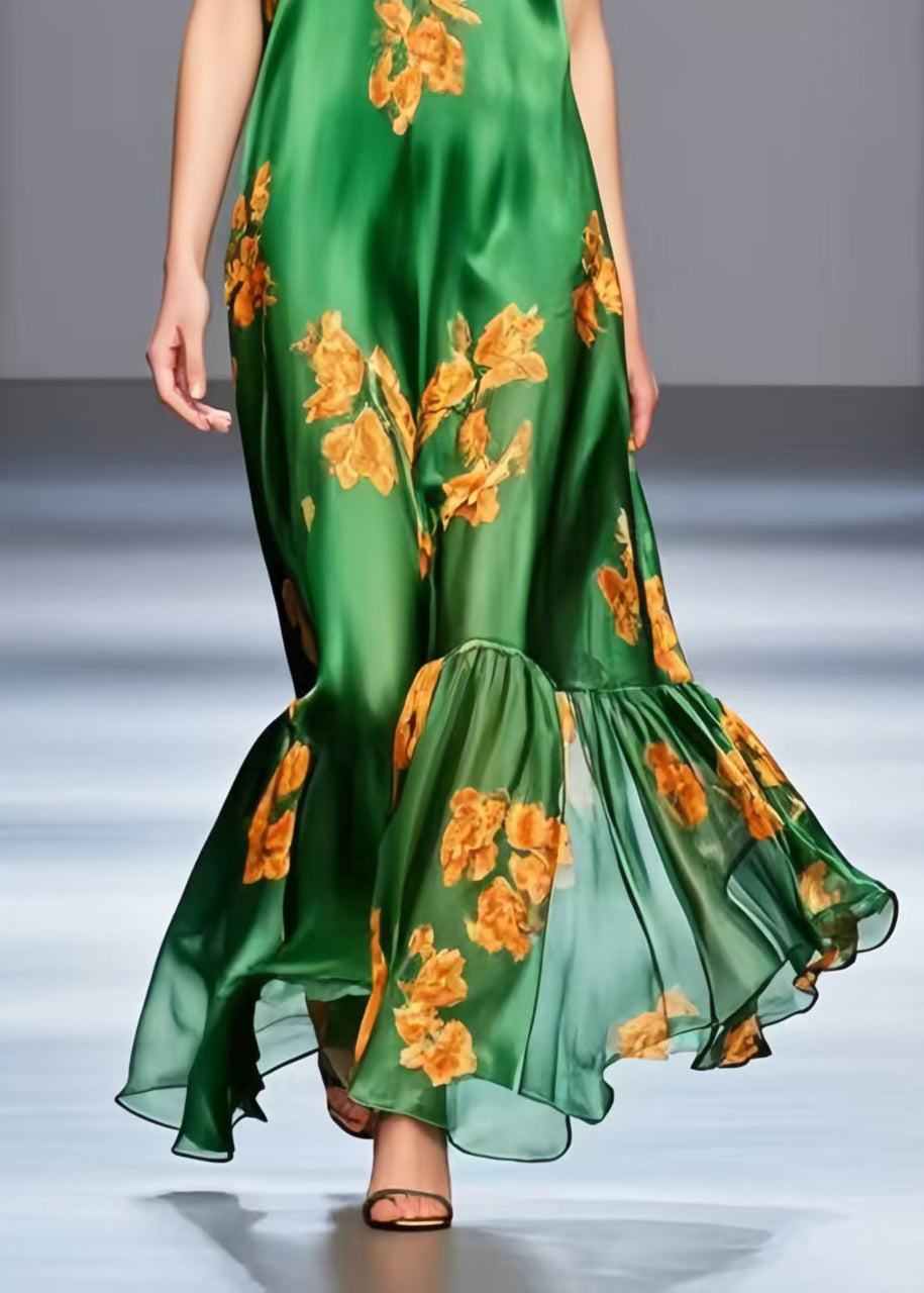 Boho Green V Neck Print Silk Long Dresses Sleeveless
