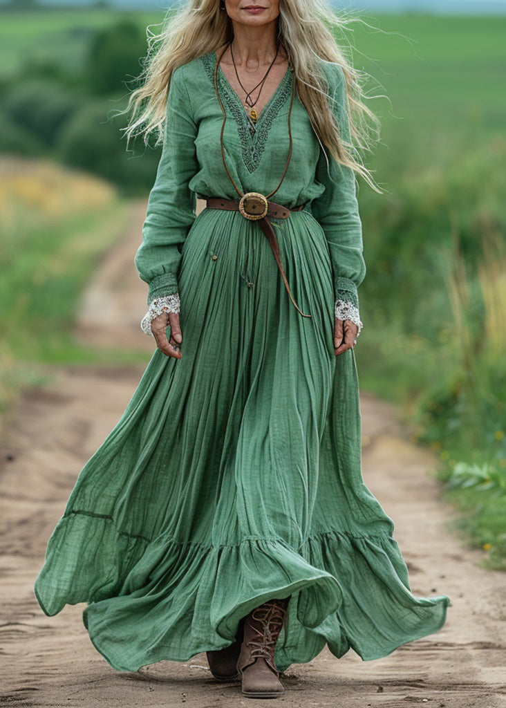 Boho Green V Neck Wrinkled Patchwork Cotton Dresses Spring