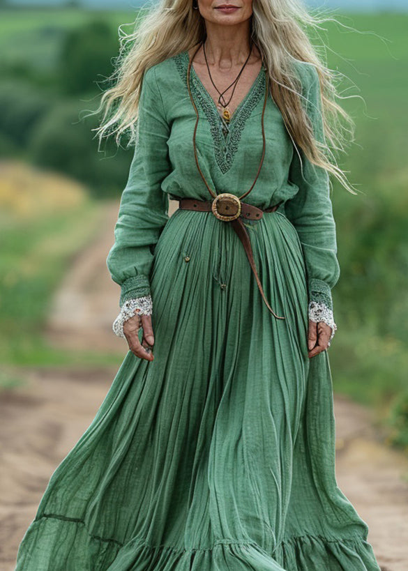 Boho Green V Neck Wrinkled Patchwork Cotton Dresses Spring