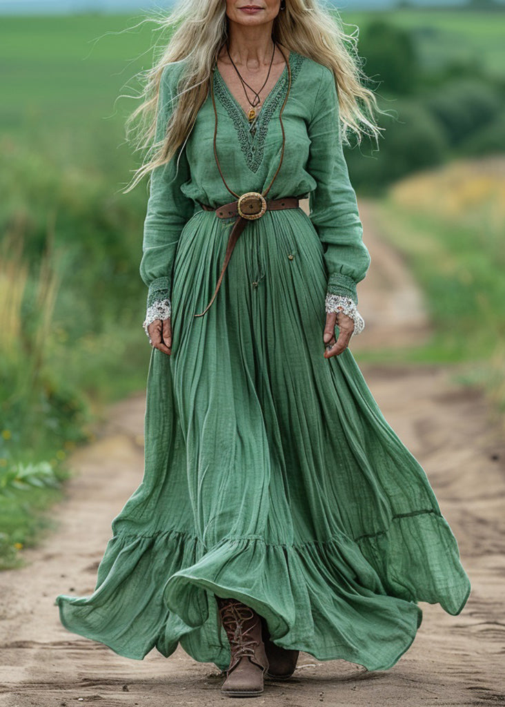 Boho Green V Neck Wrinkled Patchwork Cotton Dresses Spring