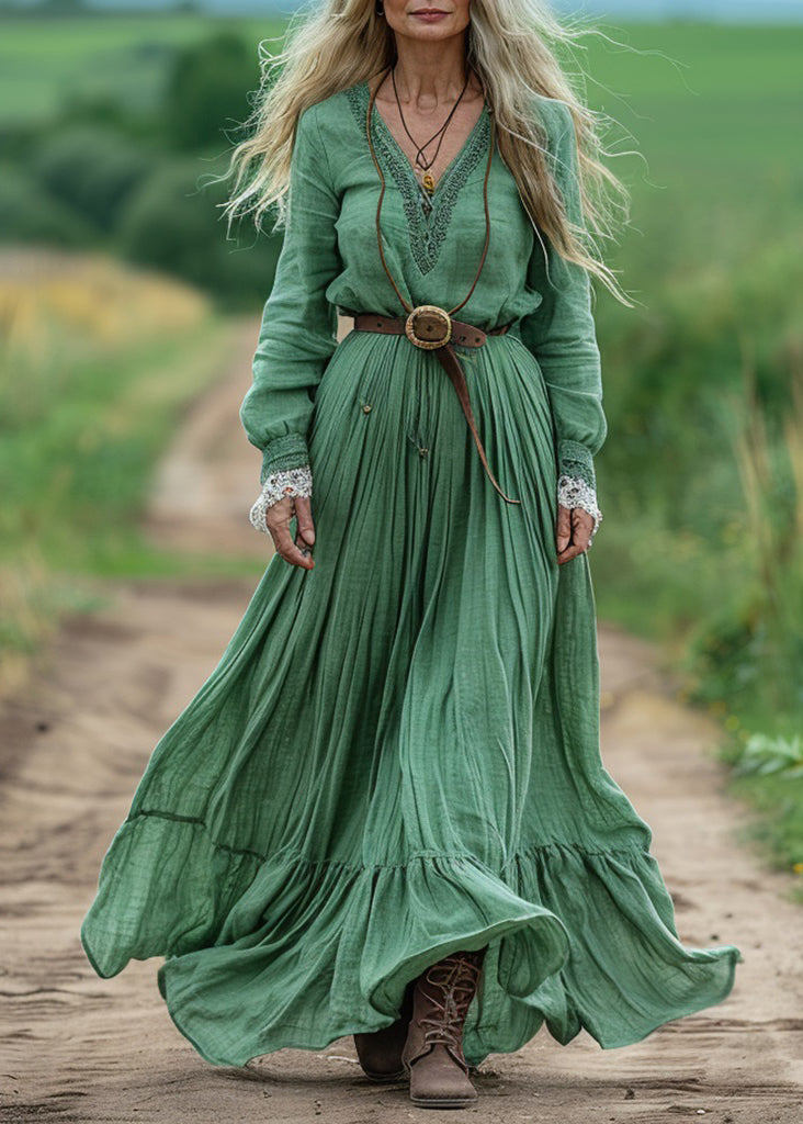 Boho Green V Neck Wrinkled Patchwork Cotton Dresses Spring