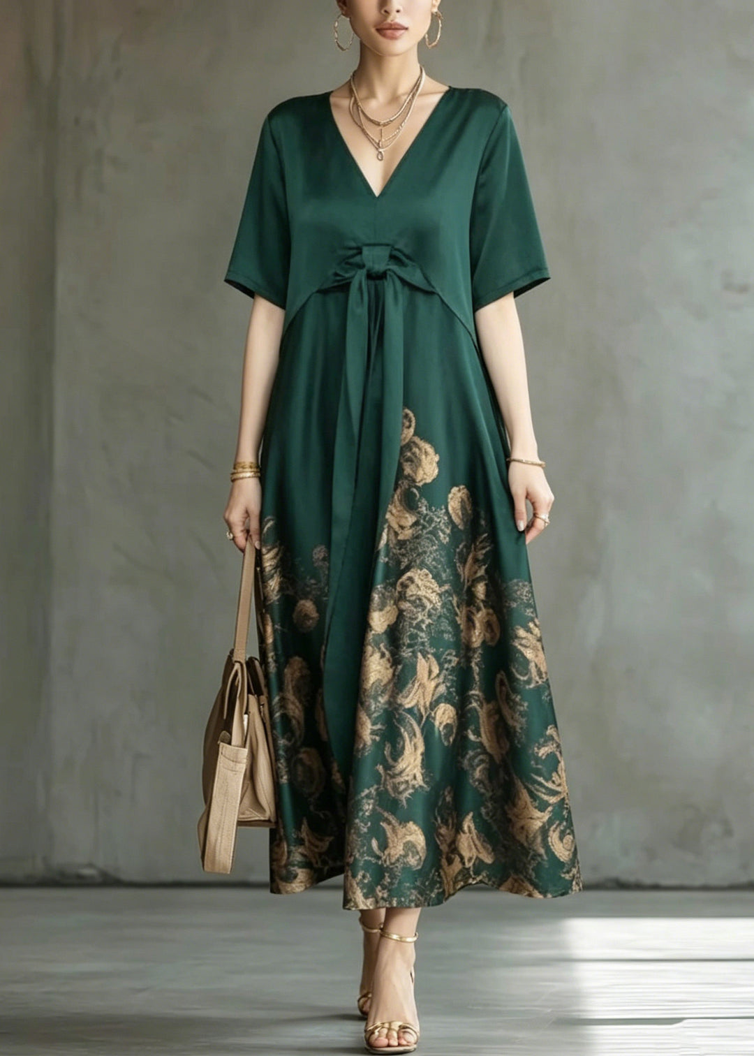 Boho Green Wrinkled Patchwork Maxi Dress Short Sleeve