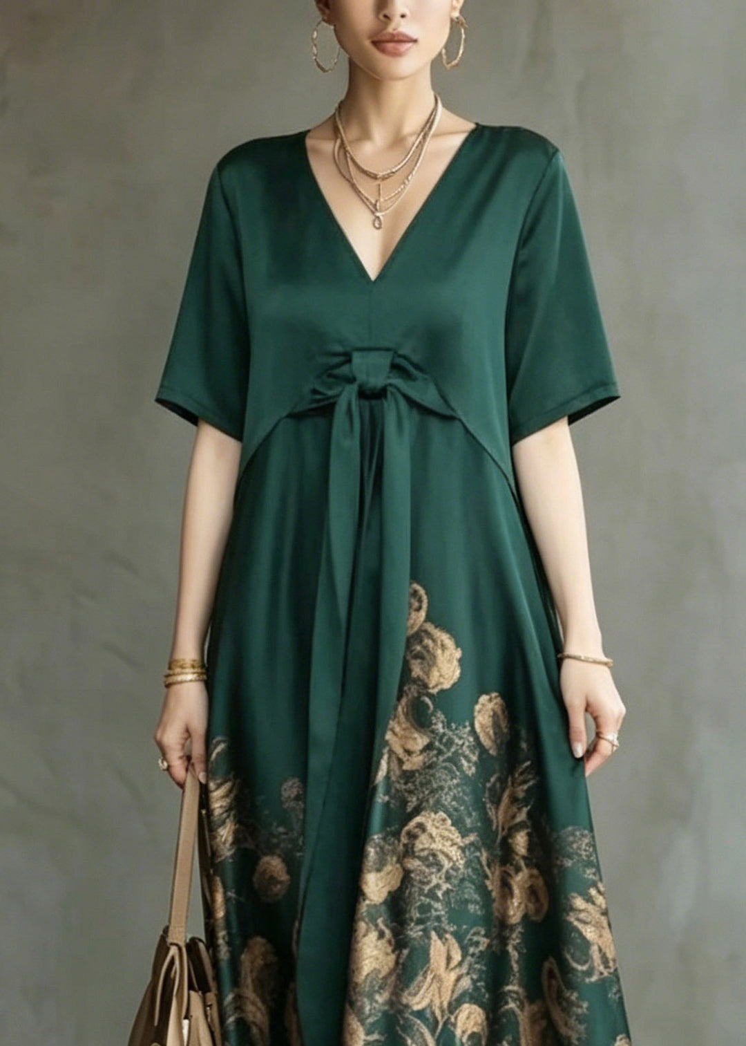 Boho Green Wrinkled Patchwork Maxi Dress Short Sleeve