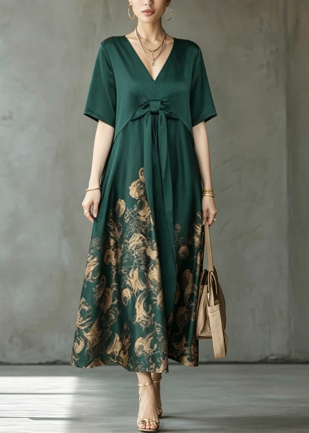 Boho Green Wrinkled Patchwork Maxi Dress Short Sleeve