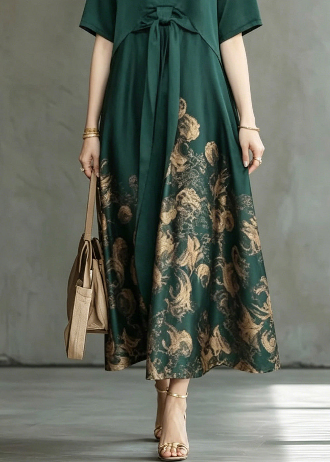 Boho Green Wrinkled Patchwork Maxi Dress Short Sleeve