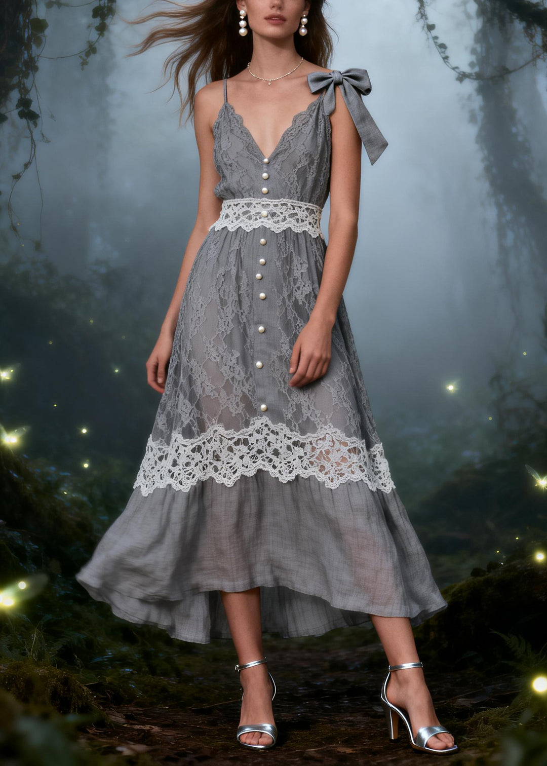 Boho Grey Bow Patchwork Lace Spaghetti Strap Dress Summer
