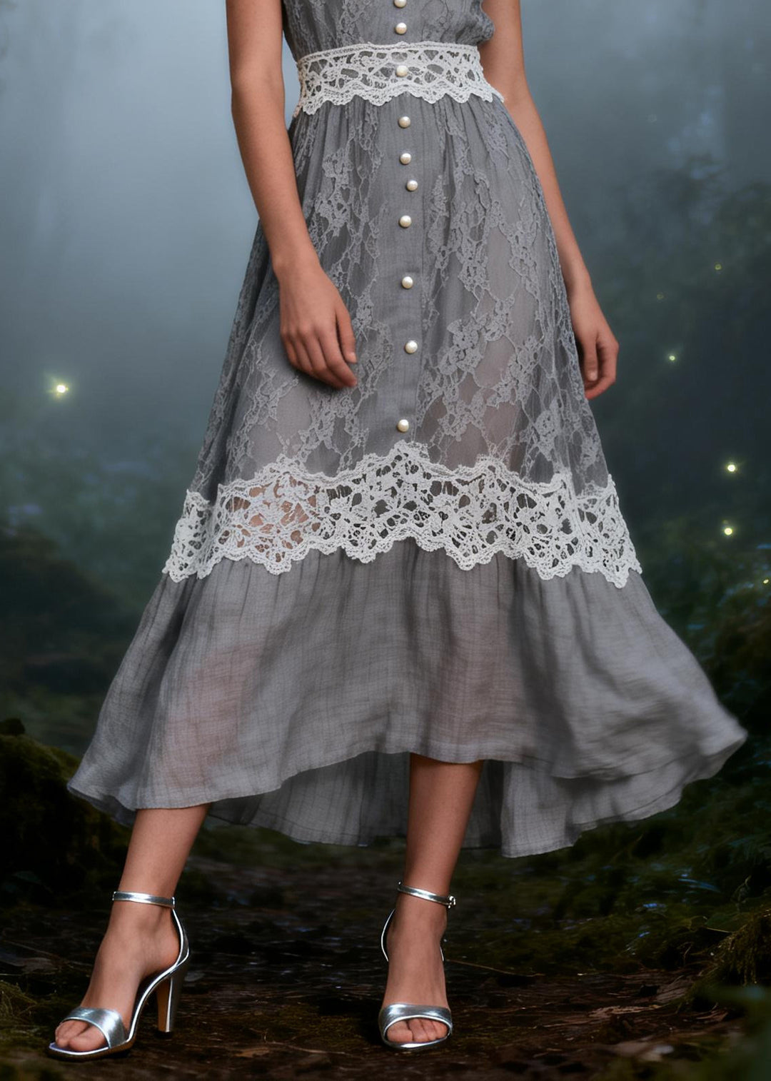 Boho Grey Bow Patchwork Lace Spaghetti Strap Dress Summer