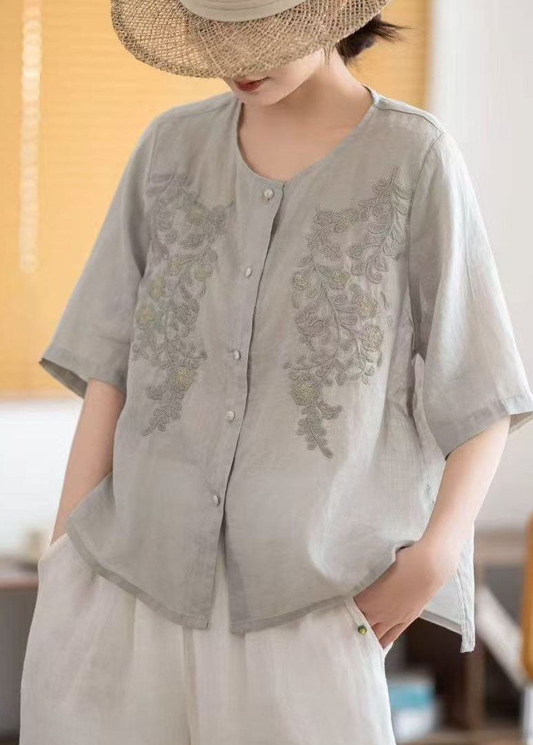 Boho Grey Embroidered Linen Tops Half Sleeve