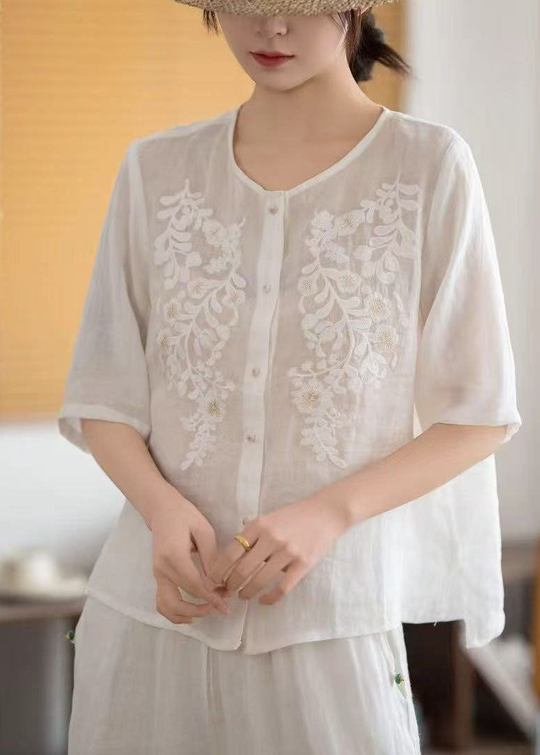 Boho Grey Embroidered Linen Tops Half Sleeve