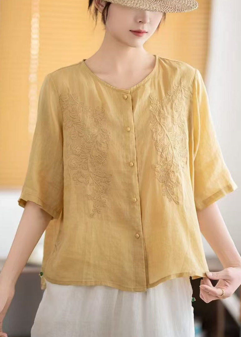 Boho Grey Embroidered Linen Tops Half Sleeve