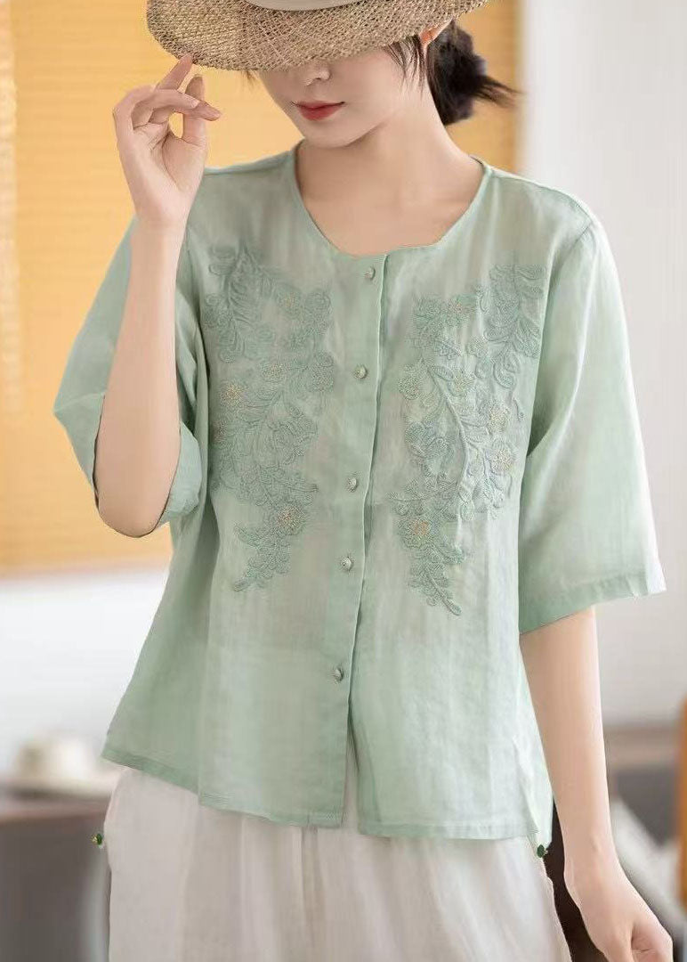 Boho Grey Embroidered Linen Tops Half Sleeve