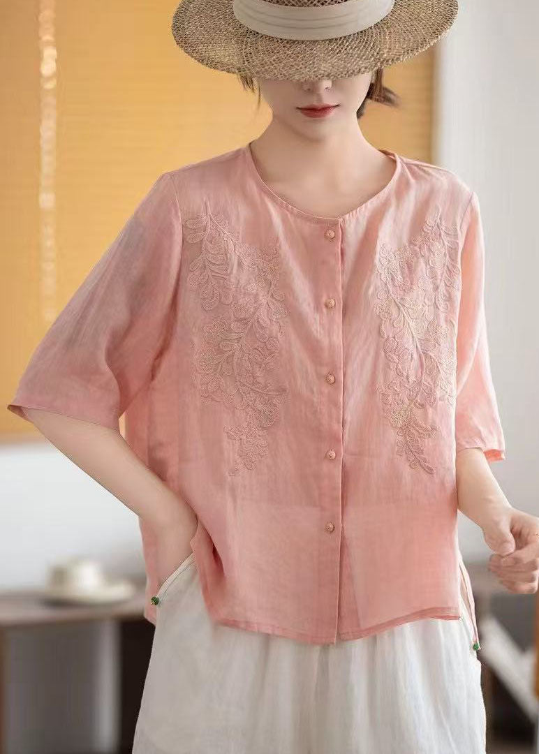 Boho Grey Embroidered Linen Tops Half Sleeve